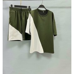 Костюм спортивный Jools Fashion мужской спортивный летний для занятия спортом, шорты майка, размер 54, хаки, белый