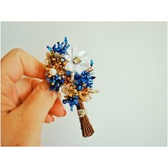 Брошь, жемчуг Swarovski синтетический, белый, синий, коричневый Cute Brooches
