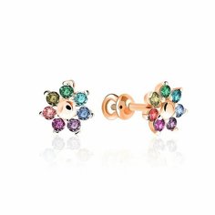 Серьги пусеты VALTERA, серебро, 925 проба, золочение, фианит, размер 6 мм, длина 0.6 см, , красный