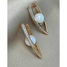 Серьги XUPING JEWELRY, циркон, жемчуг имитация, размер 28 мм, золотой