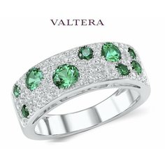Кольцо широкое VALTERA, серебро, 925 проба, родирование, фианит, изумруд синтетический, размер 20, зеленый