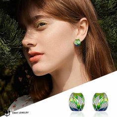 Серьги Emay, фианит, искусственный камень, эмаль, зеленый, серебряный