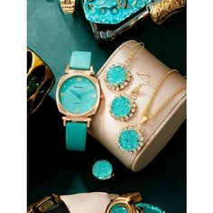 Комплект бижутерии TIME LIDER: серьги, браслет, кольцо, цепь, подвеска, кристалл, зеленый, золотой, бирюзовый