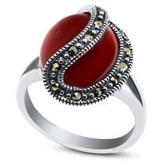 Кольцо Silver WINGS, серебро, 925 проба, марказит, агат, размер 17 мм.