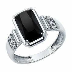 Кольцо Diamant, серебро, 925 проба, родирование, фианит, агат, размер 18, черный