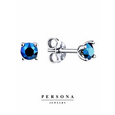Серьги пусеты ПЕРСОНА, серебро, 925 проба, родирование, кристаллы Swarovski, размер 4 мм, длина 1.3 см, , синий