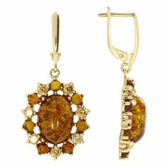 Серьги Diamant online, серебро, 925 проба, золочение, янтарь, фианит, длина 4.1 см, , коричневый