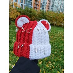 Шапка Вязанная шапка с ушками MaMaLu, размер 50/60, красный/белый Нет бренда