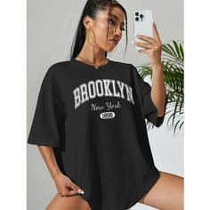 Футболка 10 out of 10 Женская базовая черная футболка оверсайз с надписью Brooklyn, 1 шт., размер 52-54/XL, черный