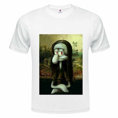 Футболка ONEQ унисекс 60-62 (4XL) размер с принтом Сквидвард Мона Лиза, белая, размер 4XL, белый