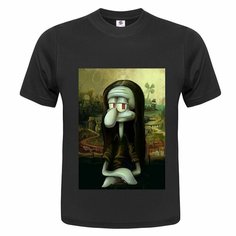 Футболка ONEQ унисекс 50-52 (XL) размер с принтом Сквидвард Мона Лиза, черная, размер XL, черный