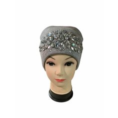 Шапка бини Женская осенняя бини с кристаллами, размер 52/60, серый Anita.K