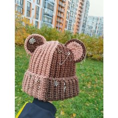 Шапка Вязанная шапка с ушками MaMaLu, размер 50/60, коричневый/бежевый Нет бренда