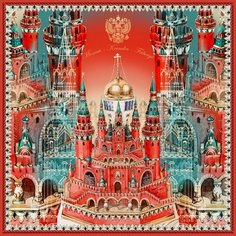 Платок Русские в моде by Nina Ruchkina,90х90 см, красный