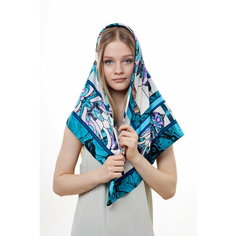 Платок Русские в моде by Nina Ruchkina,90х90 см, белый, фиолетовый, бирюзовый
