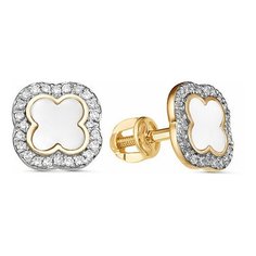 Серьги пусеты Infini, красное золото, 585 проба, родирование, фианит, размер 10 мм, длина 1 см, , белый
