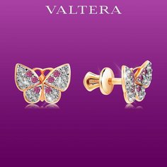Серьги пусеты VALTERA, серебро, 925 проба, золочение, фианит, , красный