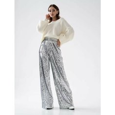 Брюки палаццо с пайетками LuxeChic Новый год, размер 42, серебряный, серый