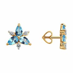 Серьги пусеты Diamant, красное золото, 585 проба, топаз, фианит, размер 10 мм, , золото