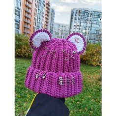 Шапка Вязанная шапка с ушками MaMaLu, размер 50/60, белый, бордовый Нет бренда