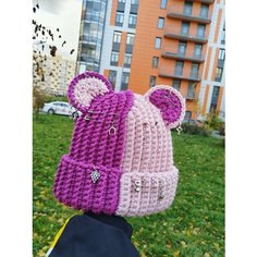 Шапка Вязанная шапка с ушками MaMaLu, размер 50/60, розовый/бордовый Нет бренда