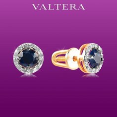 Серьги пусеты VALTERA, красное золото, 585 проба, золочение, сапфир, бриллиант, размер 6 мм, длина 0.6 см, , синий, золотистый