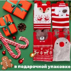 Носки Новогодние носки с принтом, комплект, 4 пары, размер 36-41, белый, коричневый, мультиколор, красный