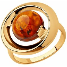 Кольцо SOKOLOV, серебро, 925 проба, золочение, янтарь прессованный, размер 18.5, коричневый