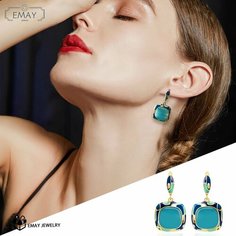 Серьги Emay, кошачий глаз, эмаль, размер 20 мм, голубой, золотой