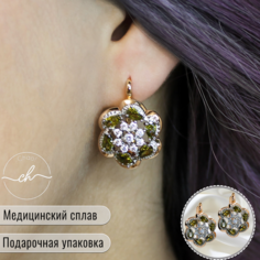 Серьги, искусственный камень, зеленый, золотой Chao!