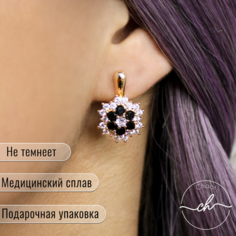Серьги, искусственный камень, черный, золотой Chao!