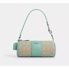 Сумка бочонок Coach, фактура зернистая, голубой/бежевый