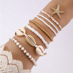 Браслет-нить, 7 шт., размер one size, белый/золотистый Black Cat Store