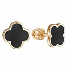 Серьги пусеты Infini, красное золото, 585 проба, фианит, эмаль, размер 7 мм, длина 0.7 см, , черный/золотой