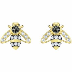Серьги пусеты SWAROVSKI, кристаллы Swarovski, размер 10 мм, золотистый/черный/белый