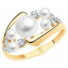 Кольцо SOKOLOV, красное золото, 585 проба, фианит, жемчуг пресноводный, жемчуг, размер 17.5