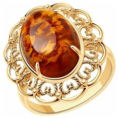 Кольцо Diamant, серебро, 925 проба, золочение, янтарь прессованный, размер 21