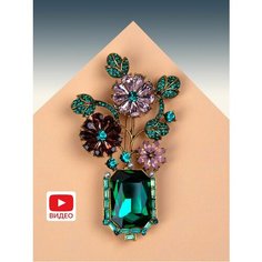 Брошь, фианит, Swarovski Zirconia, зеленый, розовый, золотой Нет бренда