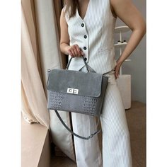 Сумка Shapely, фактура бархатистая, под рептилию, серая