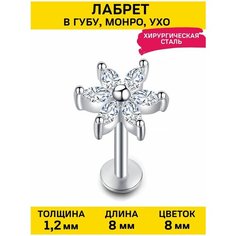 Пирсинг в губу 4Love4You, размер 8 мм, длина 0.8 см, длина стержня 8 мм, серебряный