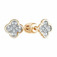 Серьги пусеты Infini, красное золото, 585 проба, родирование, фианит, размер 7 мм, длина 0.7 см, , белый/золотой