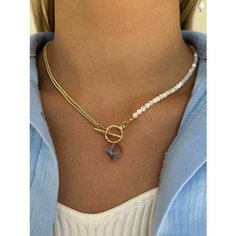 Колье MOON SOUL, стекло, перламутр, длина 43 см, золотой, голубой, белый