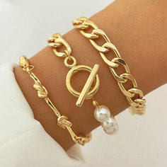 Браслет-цепочка Fashion jewelry, жемчуг имитация, 3 шт., размер 17 см, размер one size, диаметр 8.5 см, золотистый