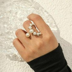 Кольцо, жемчуг имитация, безразмерное, белый, серебряный Нет бренда