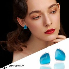 Серьги Emay, искусственный камень, кошачий глаз синтетический, размер 16 мм, голубой