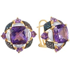 Серьги JV, желтое золото, 585 проба, бриллиант, аметист, , золотистый
