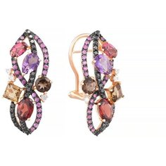 Серьги JV, красное золото, 585 проба, сапфир, бриллиант, , золотистый