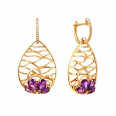 Серьги JV, золото, 585 проба, аметист, бриллиант, , золотистый