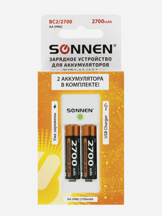 Зарядное устройство с аккумуляторами 2 шт. AA (HR6), 2700 mAh, SONNEN BC2, в блистере, 454239, Белый