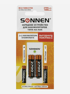 Зарядное устройство с аккумуляторами 4 шт. (2+2) AA+AAA (HR6+HR03), 2700 mAh + 1000 mAh, SONNEN BC2, 455005, Белый